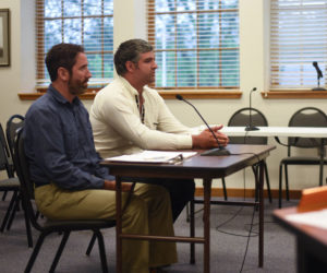 Mark Ferrero (left) and Ryan Ellis present their proposal for a medical cannabis storefront on Main Street to the Damariscotta Planning Board on Monday, June 4. (Jessica Picard photo)