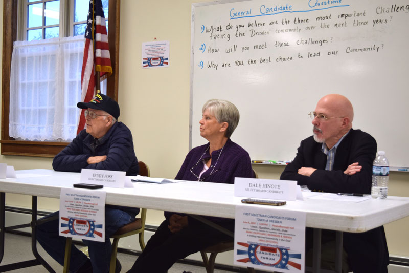 The candidates for first selectman in Dresden answer questions during a forum at Pownalborough Hall on Monday, June 4. From left: John Ottum, Trudy Foss, and Dale Hinote. (Jessica Clifford photo)