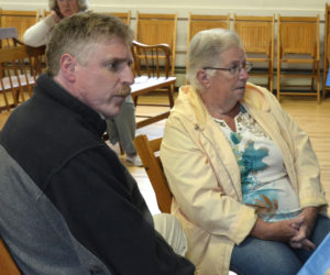 Wiscasset Selectmen Jeff Slack and Judy Colby meet with the Edgecomb Board of Selectmen at the Edgecomb town hall Monday, June 4. (Maia Zewert photo)
