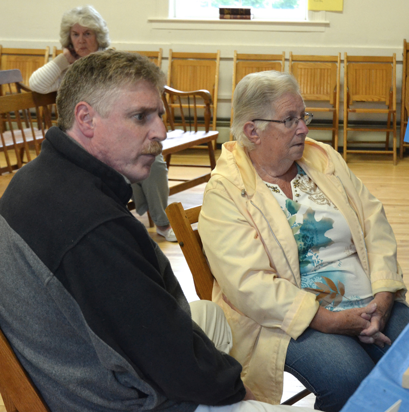 Wiscasset Selectmen Jeff Slack and Judy Colby meet with the Edgecomb Board of Selectmen at the Edgecomb town hall Monday, June 4. (Maia Zewert photo)