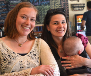 Torie DeLisle and Mallory Adams (with her baby, Willow) are excited about the new collaborative partnership between Skidompha Library and River Company. (Christine LaPado-Breglia photo)