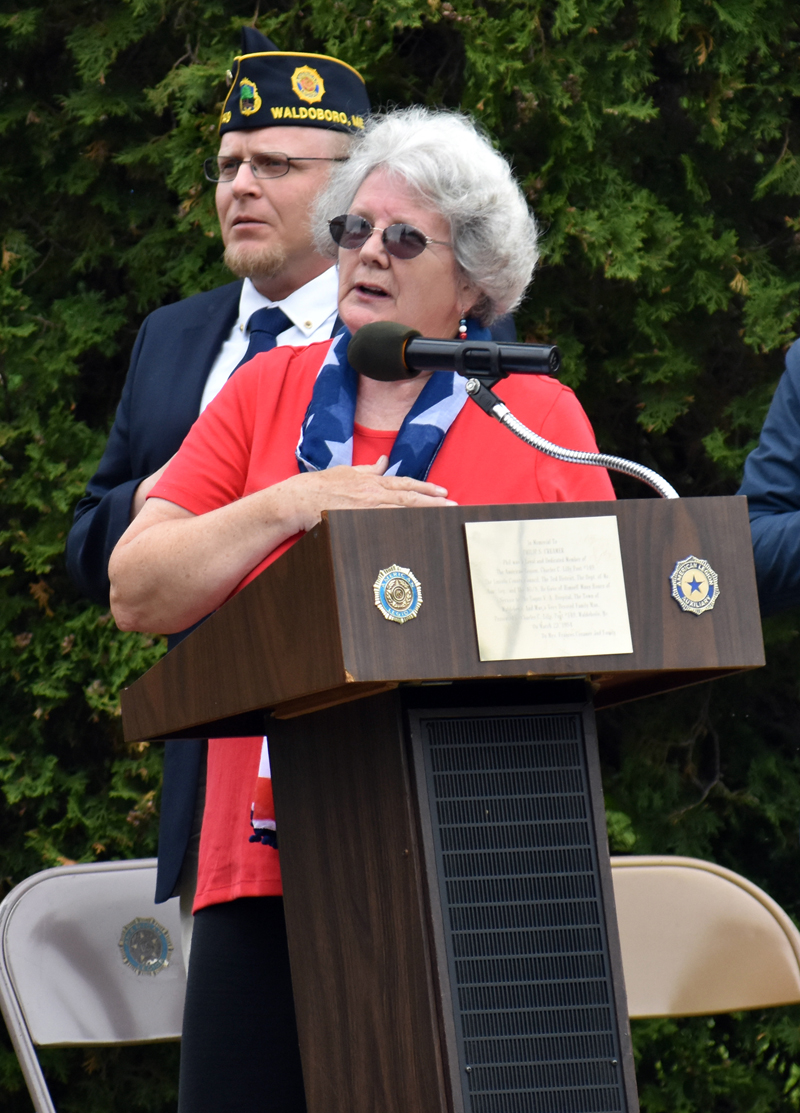 Katherine Winchenbach speaks at the Memorial Day ceremony in Waldoboro. She did not attend the candidates forum. (Alexander Violo photo, LCN file)