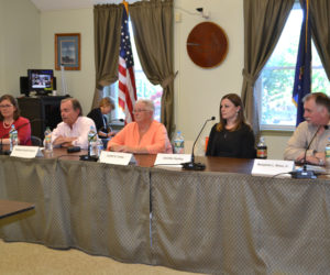 The candidates for the Wiscasset Board of Selectmen participate in a forum at the municipal building Thursday, May 31. From left: Kim Andersson, David Cherry, Judy Colby, Jennifer Hanley, and Benjamin Rines Jr. (Charlotte Boynton photo)