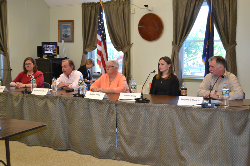 The candidates for the Wiscasset Board of Selectmen participate in a forum at the municipal building Thursday, May 31. From left: Kim Andersson, David Cherry, Judy Colby, Jennifer Hanley, and Benjamin Rines Jr. (Charlotte Boynton photo)
