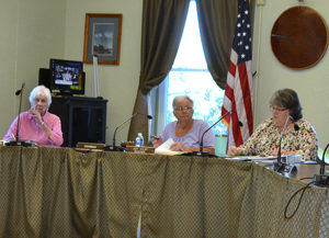 The Wiscasset Board of Selectmen meets Tuesday, June 19. From left: Selectmen Robert Blagden and Katharine Martin-Savage, recording secretary Jackie Lowell, Chair Judy Colby, Town Manager Marian Anderson, and Selectmen Benjamin Rines Jr. and Kim Andersson. (Charlotte Boynton photo)