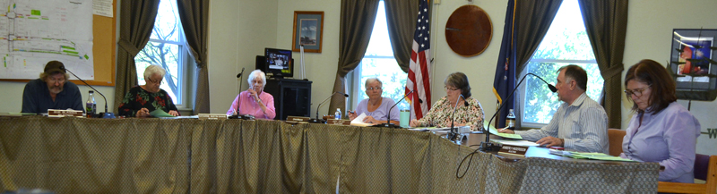 The Wiscasset Board of Selectmen meets Tuesday, June 19. From left: Selectmen Robert Blagden and Katharine Martin-Savage, recording secretary Jackie Lowell, Chair Judy Colby, Town Manager Marian Anderson, and Selectmen Benjamin Rines Jr. and Kim Andersson. (Charlotte Boynton photo)