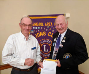 Bristol Area Lion Michael Hope (left) receives a 35-year chevron from Maine District Governor-Elect Neil Iverson. (Photo courtesy Tom Rodrigues)