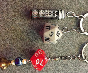 Keyrings and jewelry inspired by the dice used in the tabletop game Dungeons and Dragons are part of a Wiscasset Middle High School pop-up exhibit at the Waldoboro Art Walk. (Photo courtesy Stephan Puff)