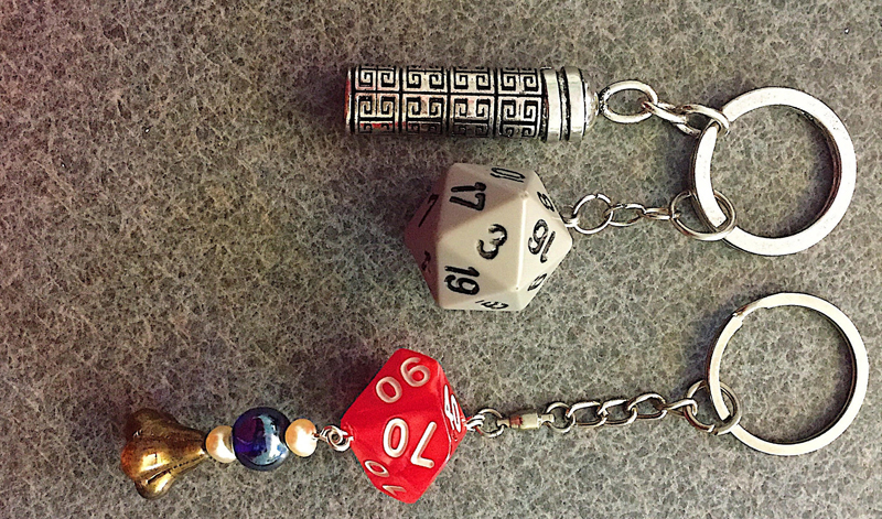 Keyrings and jewelry inspired by the dice used in the tabletop game Dungeons and Dragons are part of a Wiscasset Middle High School pop-up exhibit at the Waldoboro Art Walk. (Photo courtesy Stephan Puff)