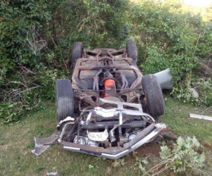 A 1973 Chevrolet Corvette on its roof on a lawn near Pemaquid Point, Monday, July 9. A passenger in the vehicle was flown to a Lewiston hospital with non-life-threatening injuries, according to the Lincoln County Sheriff's Office. (Photo courtesy Lincoln County Sheriff's Office)