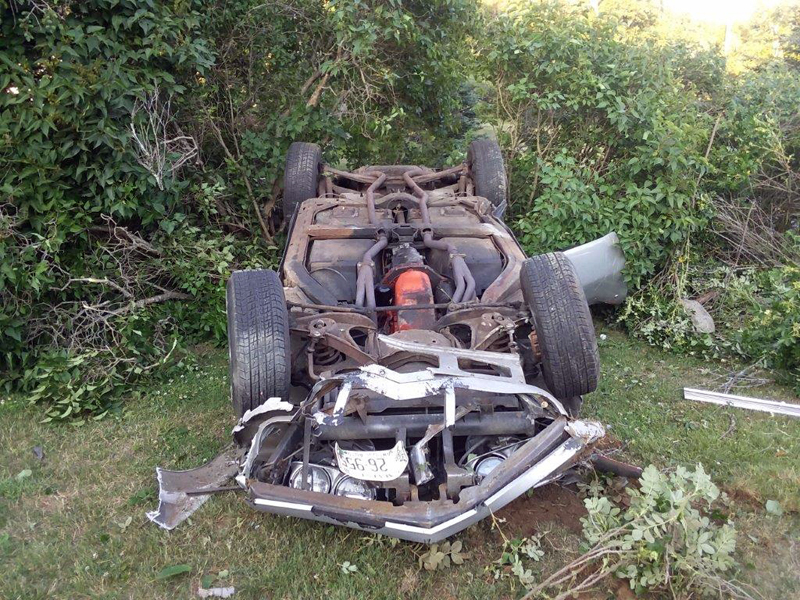 A 1973 Chevrolet Corvette on its roof on a lawn near Pemaquid Point, Monday, July 9. A passenger in the vehicle was flown to a Lewiston hospital with non-life-threatening injuries, according to the Lincoln County Sheriff's Office. (Photo courtesy Lincoln County Sheriff's Office)