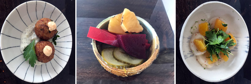 Some of the dishes on the menu of the Fin Bar, in The Contented Sole. From left: smoked whitefish brandade, housemade pickles, and scallop crudo.