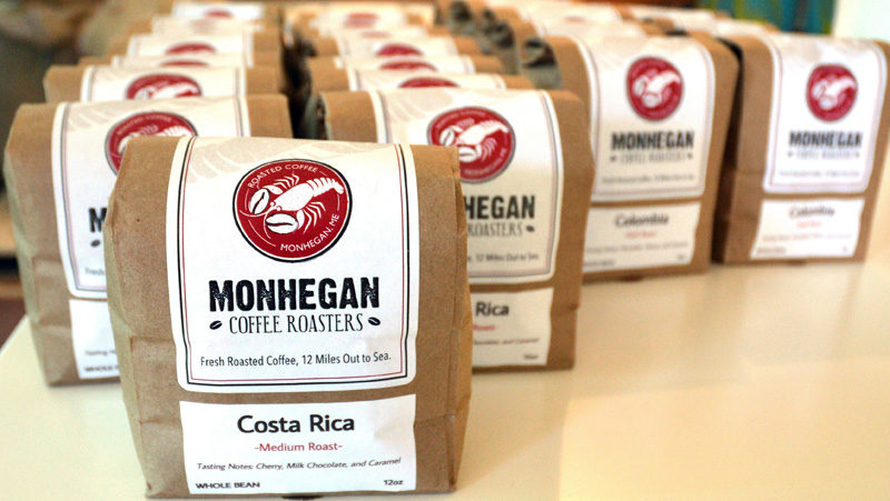 Bags of Monhegan Coffee Roasters beans. (Maia Zewert photo)