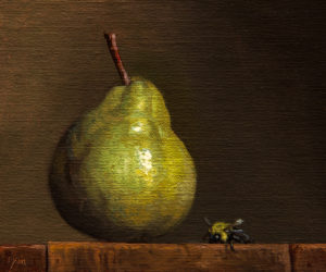 Abbey Ryan's "Still Life with Pear and Bumble Bee."