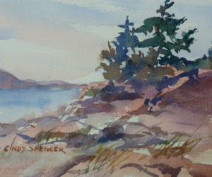 Cindy Spencer donated her watercolor painting "Together We Stand" to help fund local art education. The painting is currently for sale at the Pemaquid Art Gallery.