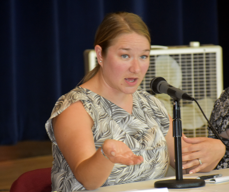 Maine Department of Environmental Protection Director of Policy Christina Hodgeman, as presiding officer, opens the Dyer Long Pond water-level hearing at Jefferson Village School on Thursday, July 26. (Alexander Violo photo)