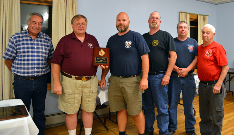 The Lincoln County Fire Chiefs Association presents its Fire Department of the Year Award to Jefferson Fire and Rescue. From left: association Vice President Roger Whitney, association President and Jefferson Fire Chief Walter Morris, Deputy Chief Darin Walker, Lt. Jeff Stone, Lt. Paul Huber, and Safety Officer Donald Hastings.