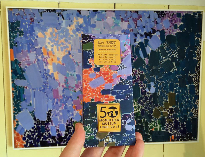 In celebration of the Monhegan Museum's 50th anniversary, La Nef Chocolate created a bar with packaging based on a 1962 painting by the late Monhegan artist Lynne Drexler. (Photo courtesy La Nef Chocolate)