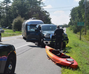 A pickup truck and camper block the southbound lane of Route 1 at the Nobleboro-Waldoboro line Thursday, Aug. 16. (Jessica Clifford photo)