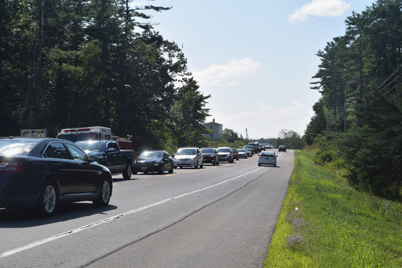 Traffic backs up on Route 1 near the Nobleboro-Waldoboro line Thursday, Aug. 16. A truck and camper went off the road at the town line, causing the backup. (Jessica Clifford photo)