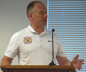 Waldoboro Fire Chief Paul Smeltzer discusses the department's need for a ladder truck during a Waldoboro Board of Selectmen's meeting Tuesday, Aug. 28. (Alexander Violo photo)