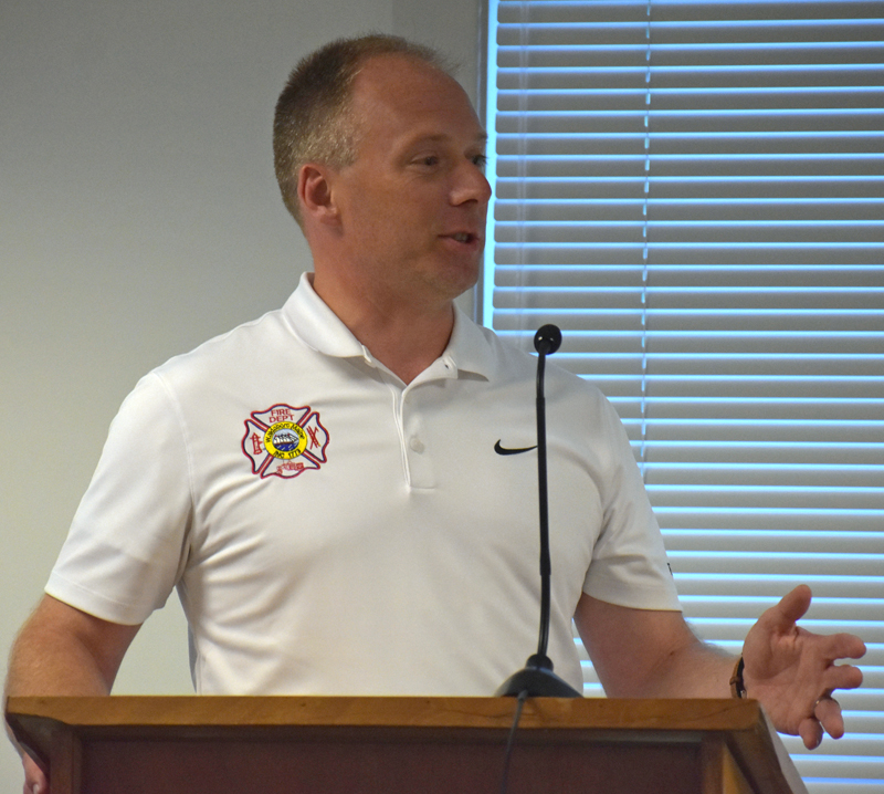 Waldoboro Fire Chief Paul Smeltzer discusses the department's need for a ladder truck during a Waldoboro Board of Selectmen's meeting Tuesday, Aug. 28. (Alexander Violo photo)