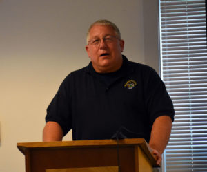 Waldoboro Police Chief William Labombarde announces his upcoming transition from chief to school resource officer to the Waldoboro Board of Selectmen on Tuesday, Aug. 14. (Alexander Violo photo)