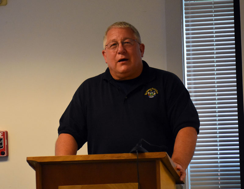 Waldoboro Police Chief William Labombarde announces his upcoming transition from chief to school resource officer to the Waldoboro Board of Selectmen on Tuesday, Aug. 14. (Alexander Violo photo)