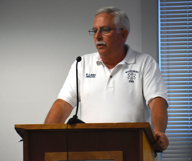 Waldoboro Emergency Medical Services Director Richard Lash talks about the purchase of a new ambulance at the Waldoboro Board of Selectmen's meeting Tuesday, Aug. 14. (Alexander Violo photo)