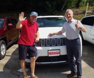 Bristol Area Lions Club President Brendan Donegan (left) stands with Newcastle Chrysler President Randy Miller. Newcastle Chrysler is offering a 2018 Jeep Cherokee as the prize for a hole-in-one on the third hole in the Bristol Area Lions Golf Tournament. (Photo courtesy Mike Elwell)