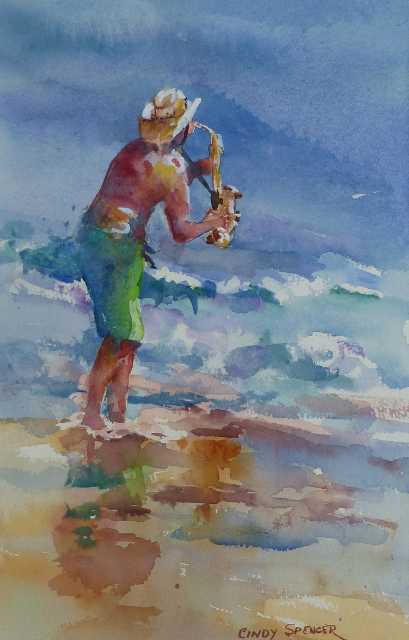 Artist Cindy Spencers Inspiring Improvs watercolor can be viewed at Pemaquid Art Gallery.