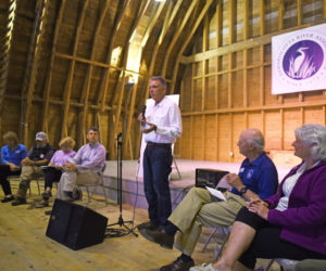 Michael Kane, a member of the Pemaquid Watershed Association Board of Directors, speaks during a meeting about the potential unification of the Damariscotta River Association and PWA at the DRA's Darrows Barn in Damariscotta on Wednesday, Sept. 12. (Jessica Picard photo)