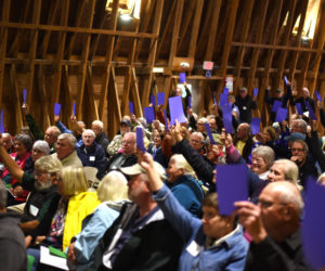 Damariscotta River Association members vote to unite with the Pemaquid Watershed Association at Darrows Barn in Damariscotta, Tuesday, Sept. 25. (Jessica Picard photo)