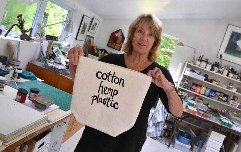 South Bristol artist Joy Vaughan displays the prototype she is working on for her upcoming canvas bag project. (Christine LaPado-Breglia photo)