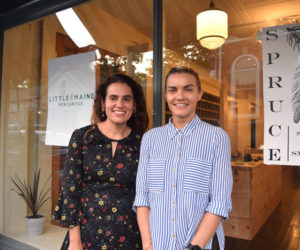 From left: Sarah Castro, owner of Little Maine Mercantile, and Julie Ambrosino, owner of Spruce, in front of their storefront at 49 Water St. in Wiscasset. Both businesses will open in mid-September. (Jessica Clifford photo)