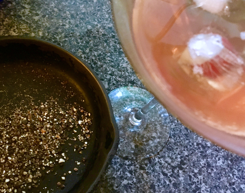 Crushed pan-roasted peppercorns and a Manhattan. Why wouldn't I love cooking for myself? (Suzi Thayer photo)