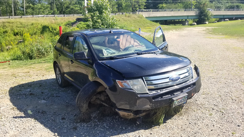 The 2007 Ford Edge Hunter M. Andrews was driving in a high-speed flight from police Aug. 2. Andrews crashed at the intersection of Route 1 and Mountain Road in Woolwich, with the vehicle coming to rest in the parking lot of the Montsweag Flea Market. (Photo courtesy Lincoln County Sheriff's Office)