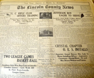 The front page of the Jan. 29, 1942 edition of The Lincoln County News. The newspaper and Skidompha Library are partnering in an effort to digitize the newspaper's full archive and make it available to the public. (Maia Zewert photo)