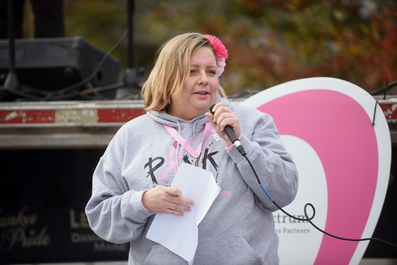Breast cancer survivor Cindy Palmer speaks to the crowd before the Making Strides Against Breast Cancer walk Sunday, Oct. 21. (Jessica Picard photo)