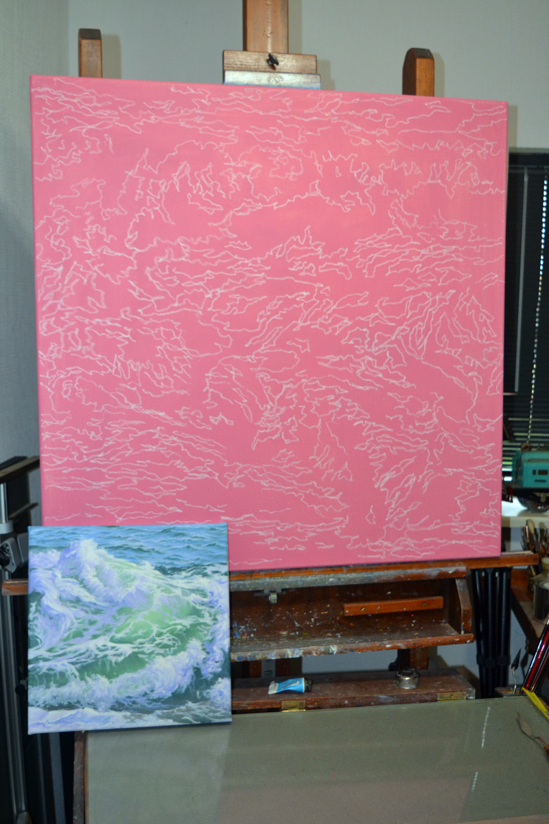 The pink-ground canvas with chalk lines in Will Kefauver's studio that will become a 30-by-30-inch painting based on a 6-by-6-inch painting of a wave (left foreground). (Christine LaPado-Breglia photo)