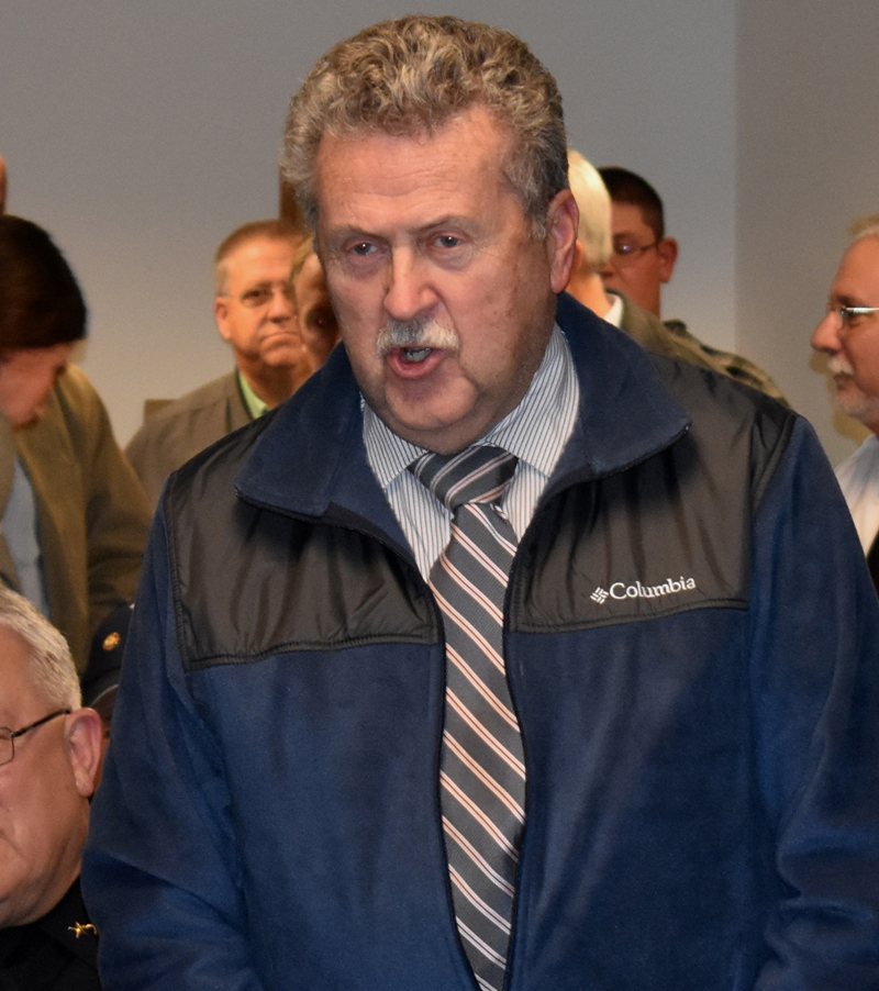 Former Waldoboro Police Chief Leroy Jones speaks in support of the new police chief, John Lash, during Lash's swearing-in ceremony. (Alexander Violo photo)