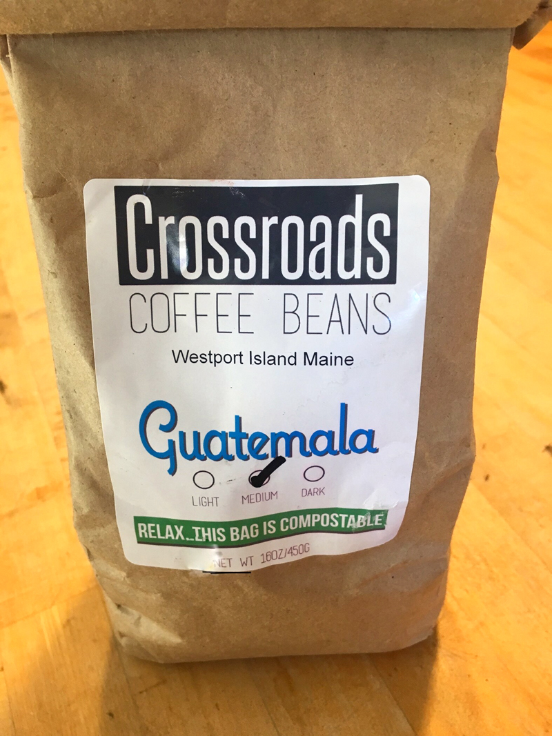 "Relax ... this bag is compostable," reads the label on a bag of Crossroads Coffee Beans. (Suzi Thayer photo)