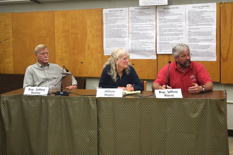 From left: Rep. Jeffery Hanley and Allison Hepler look on as Rep. Jeffrey Pierce speaks during a candidates forum at the Wiscasset municipal building Thursday, Oct. 4. (Jessica Clifford photo)