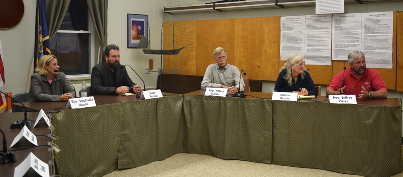 From left: Rep. Stephanie Hawke, Jason Putnam, Rep. Jeffery Hanley, Allison Hepler, and Rep. Jeffrey Pierce attend a candidates forum at the Wiscasset municipal building Thursday, Oct. 4. (Jessica Clifford photo)