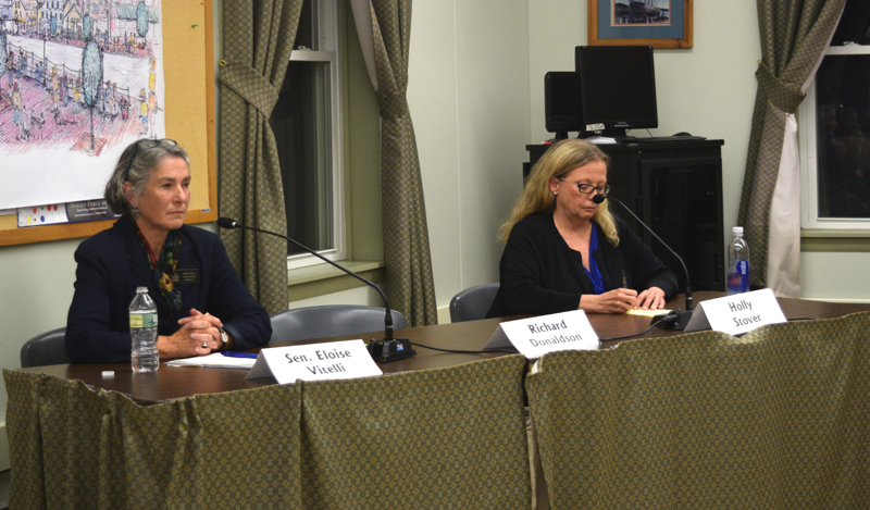 From left: Sen. Eloise Vitelli and Holly Stover attend a candidates forum at the Wiscasset municipal building Thursday, Oct. 4. (Jessica Clifford photo)
