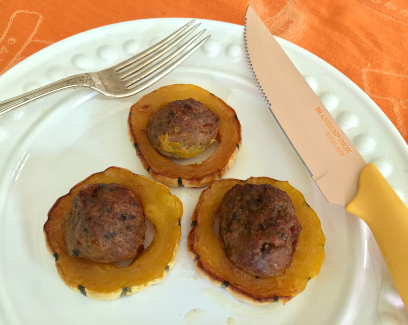 Delicata squash with balls on an elegant white china plate. Notice the knife matches the delicata. (Suzi Thayer photo)