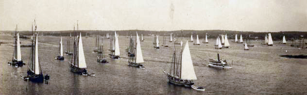 The mackerel fleet departs Boothbay Harbor after a storm circa 1890. The photo illustrates the importance of schooners in the region's history, according to Windjammer Emporium owner Mark Gimbel. (Photo courtesy Boothbay Region Historical Society)