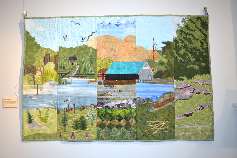 "Damariscotta Mills," a sectioned quilt made by Kathy Fagan, Diana Williams, Joanne Esancy, Katie Snow, and Diane Baldwin, based on a Paula Roberts photo. (Christine LaPado-Breglia photo)