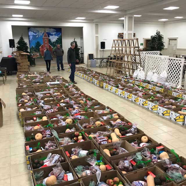 Many Thanksgiving food baskets at the Ecumenical Food Pantry in Newcastle.