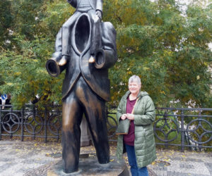 Pamela Gormley visits the Franz Kafka monument in Prague.